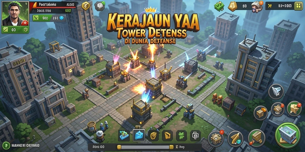 Tangkapan layar permainan 8ID menunjukkan pertahanan menawan di battlefield Tower Defense.