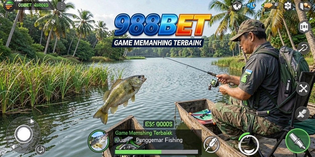 Tampilan utama gameplay 988BET dengan momen menangkap ikan yang menarik.