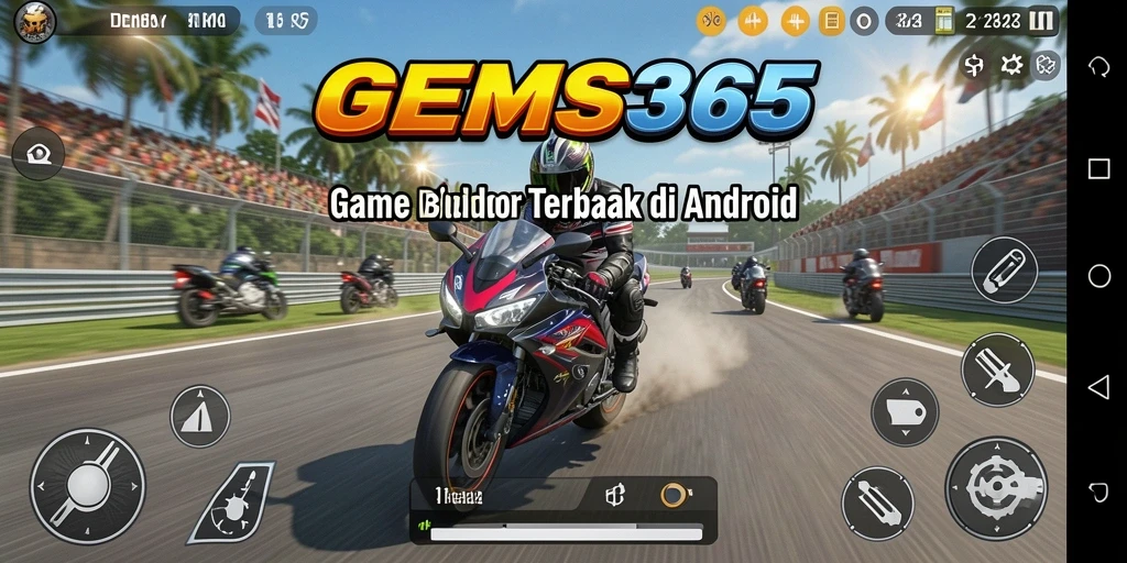 Screenshot GEMS365 yang menunjukkan aksi balap motor seru.