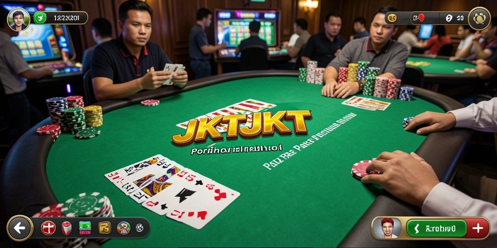 Screenshot utama JKTJKT menampilkan aksi seru di meja poker.