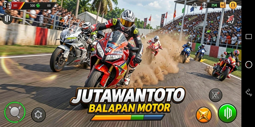 Tampilan gameplay seru di JUTAWANTOTO yang menampilkan balapan motor.
