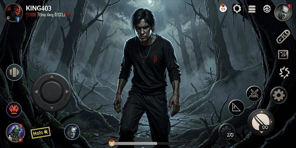 Tangkapan layar KING403 menampilkan momen mencekam saat menjelajahi kegelapan.