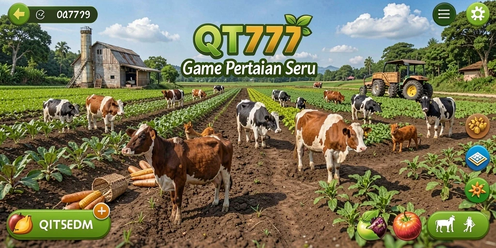 Gambar menunjukkan gameplay QT777 dengan ladang yang subur dan hewan ternak.