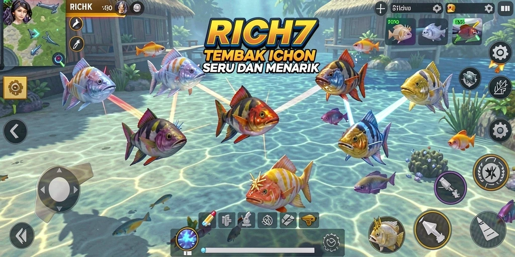 Screenshot RICH7 menampilkan gameplay seru dalam menembak ikan.