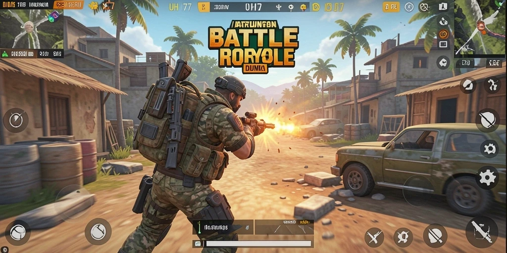 Screenshot utama UH77 menampilkan aksi gameplay Battle Royale yang intens.