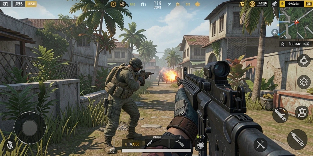 Screenshot menunjukkan gameplay VITA555 yang mendebarkan dalam pertempuran FPS.